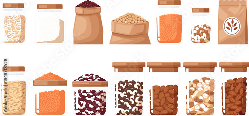 Collection of Food Storage Jars with Various Grains, Seeds, Beans, and Dried Goods for Kitchen Organization and Pantry Storage