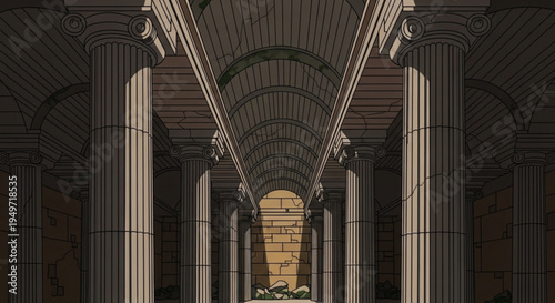 Ancient stone colonnade with arched ceiling and warm sunlight filtering through