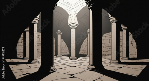 Ancient stone colonnade interior with arched vaults and sunlight filtering through creating dramatic shadows on cracked floor tiles
