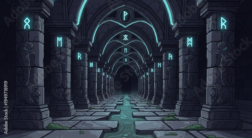 Mysterious ancient temple hallway with glowing blue runes on stone columns and arches in darkness