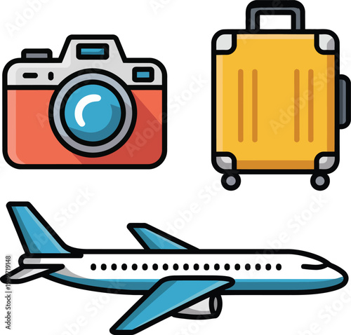 Colorful icons of camera, suitcase, and airplane for travel concepts