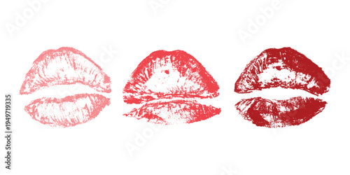 Set of lipstick kiss print Different shapes and colors imprint of lips Red pink female sexy lips makeup Design elements for beauty fashion poster Valentines Day wedding