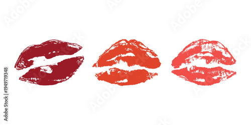 Set of lipstick kiss print Different shapes and colors imprint of lips Red pink female sexy lips makeup Design elements for beauty fashion poster Valentines Day wedding
