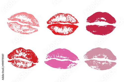 Set of lipstick kiss print Different shapes and colors imprint of lips Red pink female sexy lips makeup Design elements for beauty fashion poster Valentines Day wedding