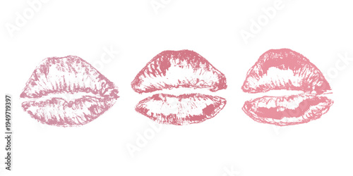 Set of lipstick kiss print Different shapes and colors imprint of lips Red pink female sexy lips makeup Design elements for beauty fashion poster Valentines Day wedding
