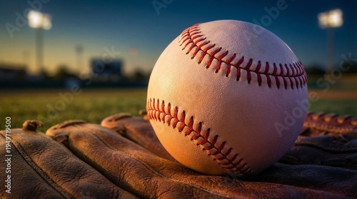 A close-up shot of a baseball resting on a worn leather glove on a baseball field at dusk with stadium lights in the background.