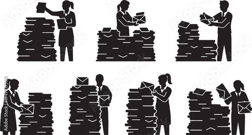 Black Solid Administrative Coordinator Sorting Mail Silhouettes Set of Six on White Background
