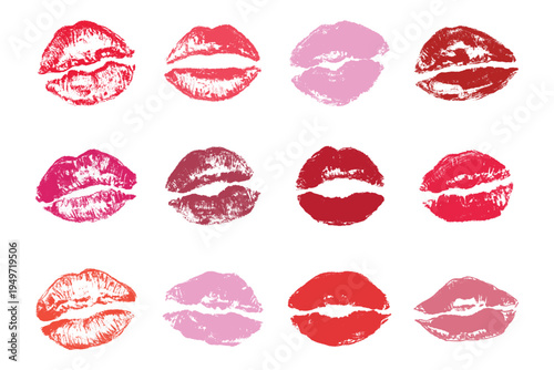 Set of lipstick kiss print Different shapes and colors imprint of lips Red pink female sexy lips makeup Design elements for beauty fashion poster Valentines Day wedding