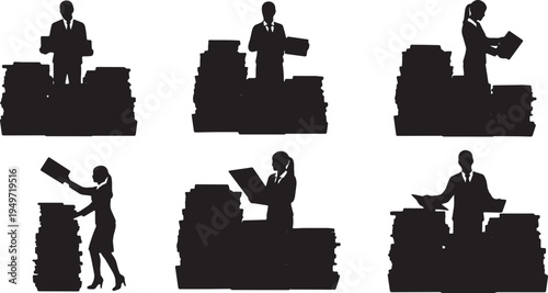 Black Solid Administrative Coordinator Sorting Mail Silhouettes Set of Six on White Background