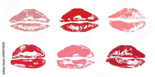 Set of lipstick kiss print Different shapes and colors imprint of lips Red pink female sexy lips makeup Design elements for beauty fashion poster Valentines Day wedding