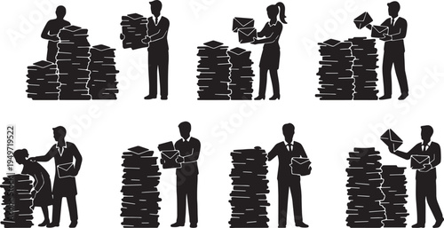 Black Solid Administrative Coordinator Sorting Mail Silhouettes Set of Six on White Background