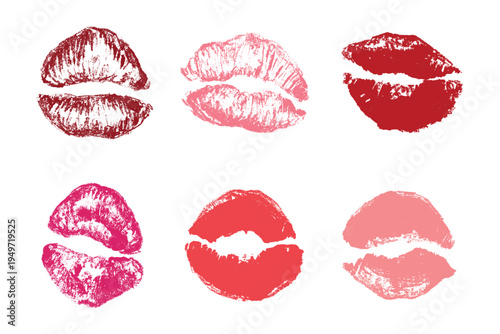 Set of lipstick kiss print Different shapes and colors imprint of lips Red pink female sexy lips makeup Design elements for beauty fashion poster Valentines Day wedding