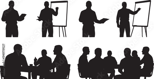 Black Solid Agile Coach Sprint Retrospective Silhouettes Set of Six on White Background