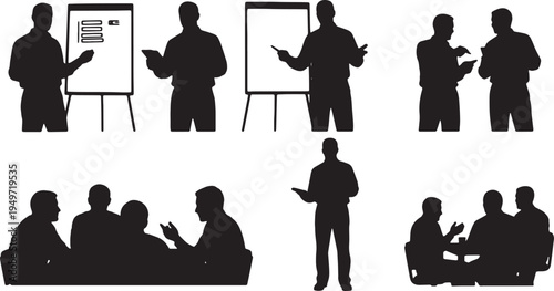 Black Solid Agile Coach Sprint Retrospective Silhouettes Set of Six on White Background