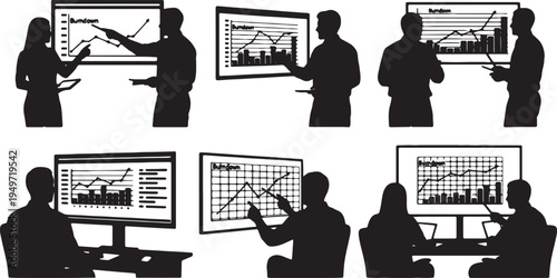 Black Solid Agile Developer Burndown Chart Silhouettes Set of Six on White Background