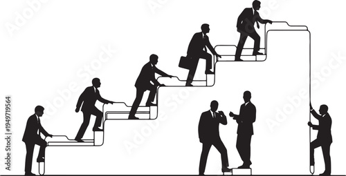Black Solid Ambitious Employee Climbing Staircase Silhouettes Set of Six on White Background