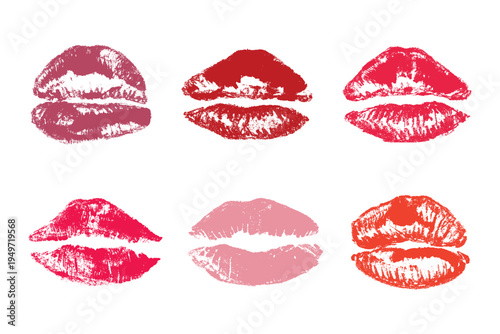 Set of lipstick kiss print Different shapes and colors imprint of lips Red pink female sexy lips makeup Design elements for beauty fashion poster Valentines Day wedding
