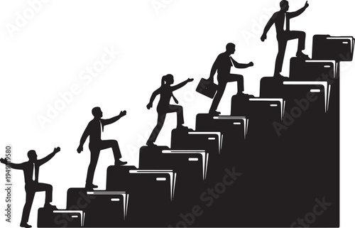 Black Solid Ambitious Employee Climbing Staircase Silhouettes Set of Six on White Background