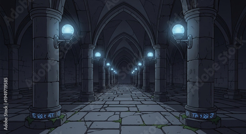Dark gothic corridor with stone columns and blue glowing lanterns in a mysterious ancient architecture