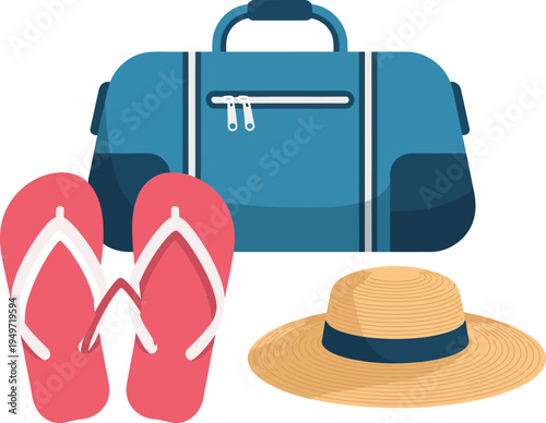 A blue travel bag with pink flip flops and a straw hat for summer vacation