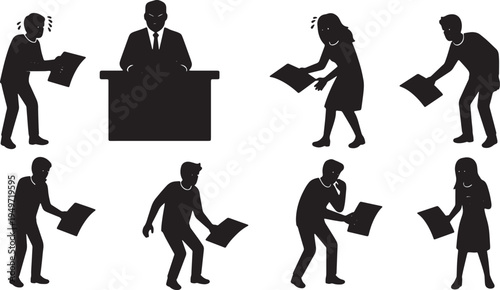 Black Solid Anxious Intern Handing Report Silhouettes Set of Six on White Background