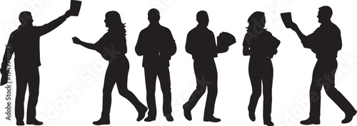 Black Solid Brand Ambassador Handing Out Flyer Silhouettes Set of Six on White Background