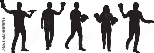 Black Solid Brand Ambassador Handing Out Flyer Silhouettes Set of Six on White Background