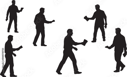 Black Solid Brand Ambassador Handing Out Flyer Silhouettes Set of Six on White Background