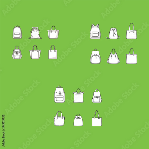 Fashion bag outline icons collection including backpack tote handbag and drawstring bag vector illustration