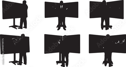 Black Solid Business Analyst Adjusting Dashboard Display Silhouettes Set of Six on White Background