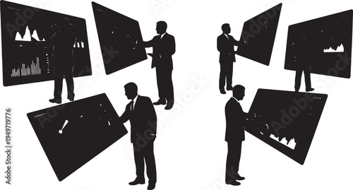 Black Solid Business Analyst Adjusting Dashboard Display Silhouettes Set of Six on White Background