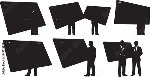 Black Solid Business Analyst Adjusting Dashboard Display Silhouettes Set of Six on White Background