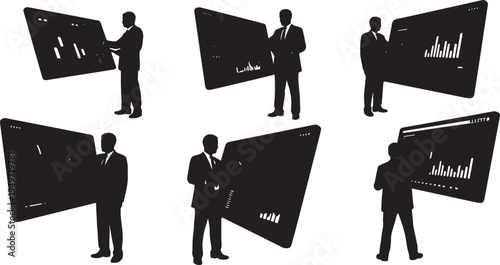 Black Solid Business Analyst Adjusting Dashboard Display Silhouettes Set of Six on White Background
