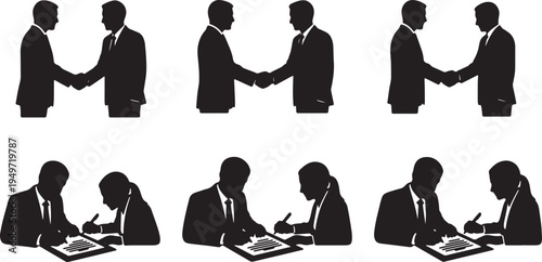 Black Solid Business Developer Signing Partnership Contract Silhouettes Set of Six on White Background