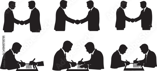 Black Solid Business Developer Signing Partnership Contract Silhouettes Set of Six on White Background