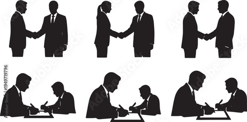 Black Solid Business Developer Signing Partnership Contract Silhouettes Set of Six on White Background