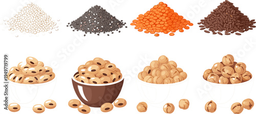 Collection of Various Seeds and Beans in Bowls Including Lentils, Soybeans, and Chickpeas for Healthy Cooking and Farming