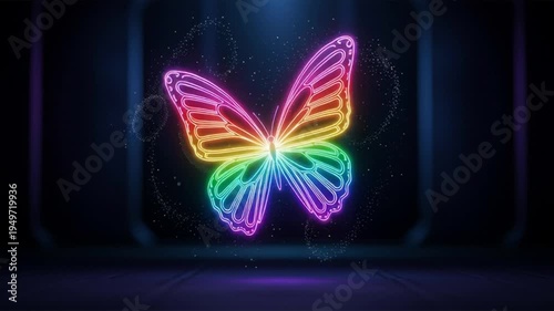A vibrant neon butterfly illustration glows brightly in a dark room with sparkling particles.