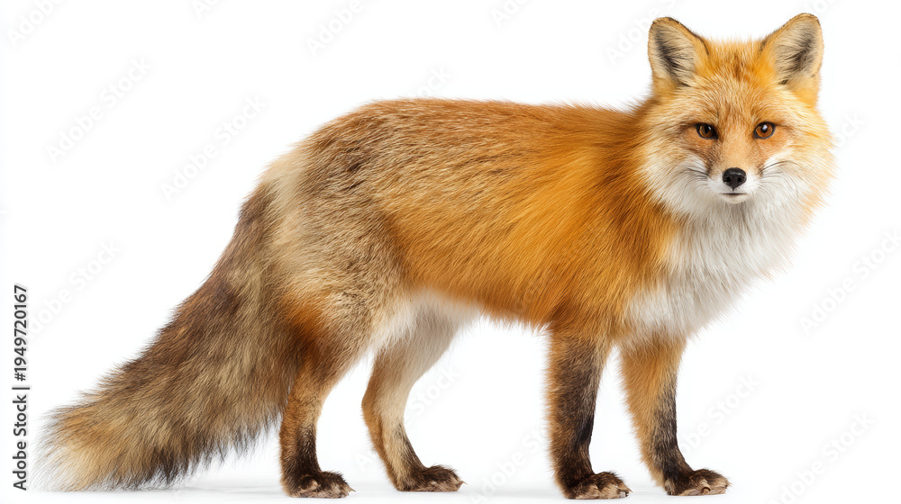 Fototapeta premium Red fox wild animal bushy tail orange fur white fur standing side view profile isolated studio red fox profile with bushy tail and bright orange