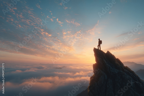 Silhouette hiker mountain peak sunrise cloud sea adventure determination freedom success landscape
