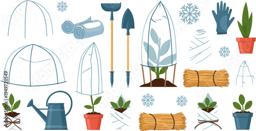 Winter Plant Protection Set with Greenhouses, Watering Can, Shovels, Gloves, and Straw Mulch for Garden Care