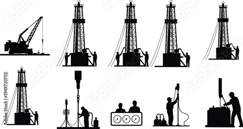Oil rig silhouettes set featuring drilling towers cranes and industrial workers in action poses cad drawing flat vector illustration collection