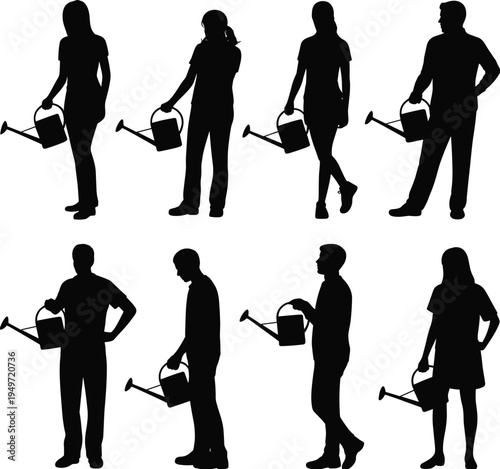 People holding watering cans silhouettes set featuring men and women gardeners in standing poses, cad drawing flat vector illustration collection
