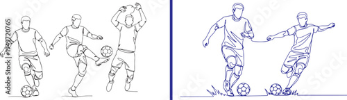 Vector set of soccer players in motion, featuring black and blue line art of athletes dribbling and juggling. Minimalist sports illustrations capturing football skills and training drills.