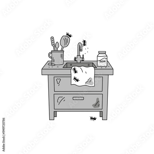Dirty Kitchen Sink Infested with Ants vector illustration