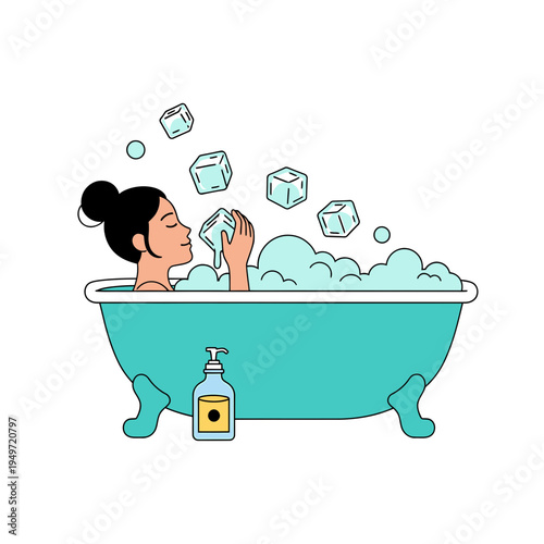 Woman Relaxing in a Bathtub with Ice Cubes vector illustration