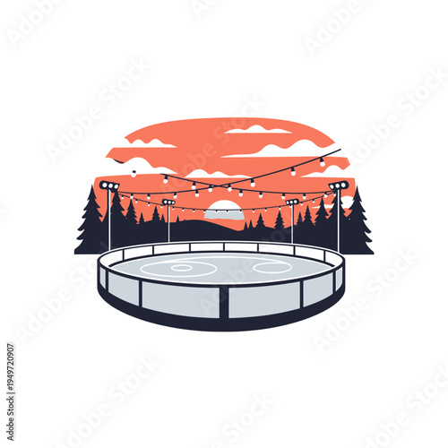Outdoor Ice Skating Rink at Sunset vector illustration