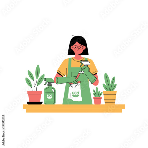Woman Gardening with Eco-Friendly Products at Home vector illustration