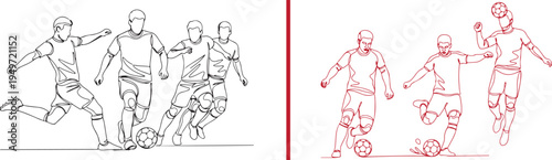 Vector illustrations of soccer players in action: black line art of a player dribbling and a red minimalist silhouette of an athlete kicking the ball. Great for sports and football branding.