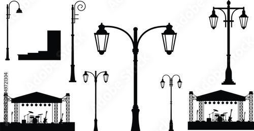 Street lamp post silhouettes set featuring vintage lanterns park lights and concert stage equipment cad drawing flat vector illustration collection